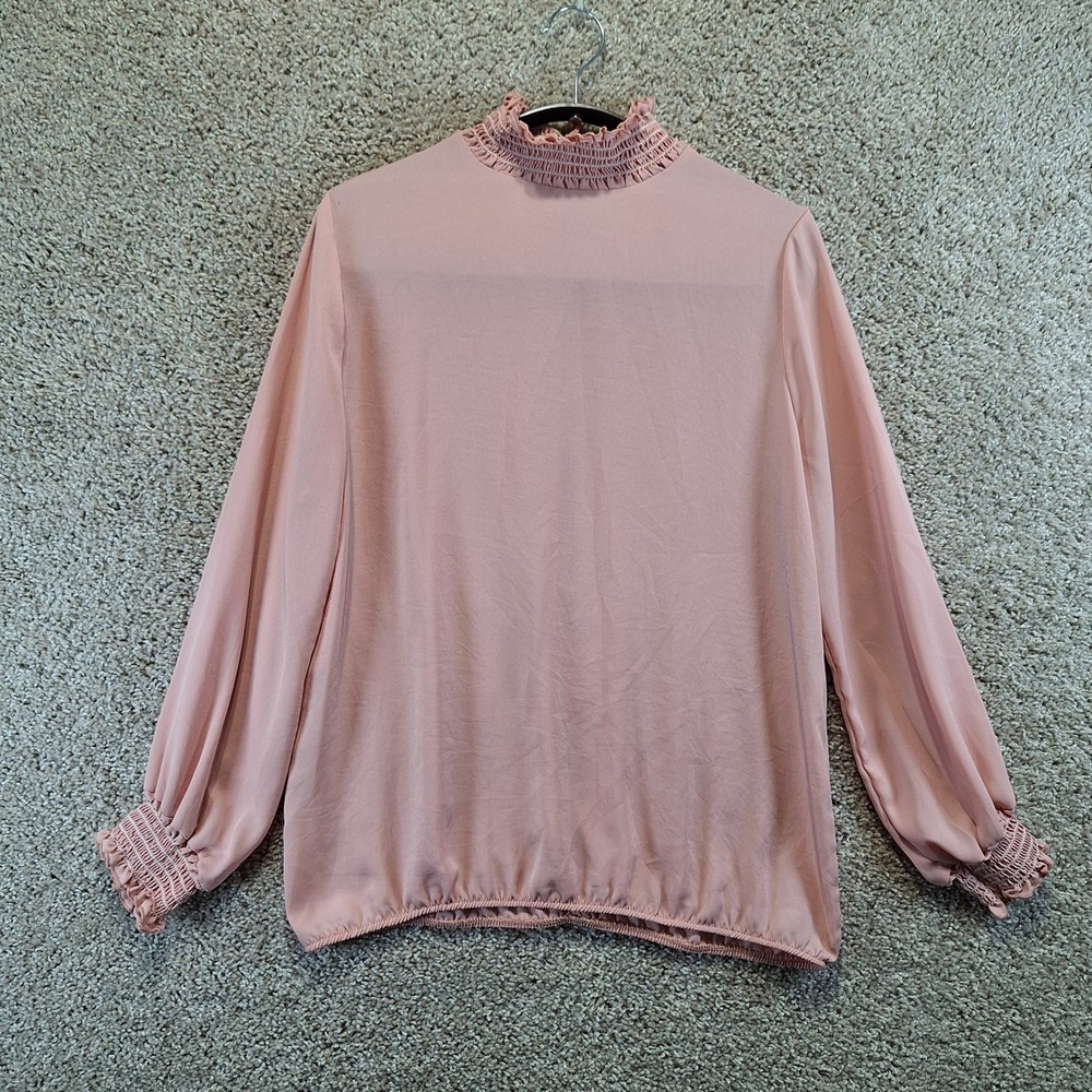 Sweet Pea New York‎ & Co Blouse Womens M Pink Mock Neck Smocked Cuff Elegant